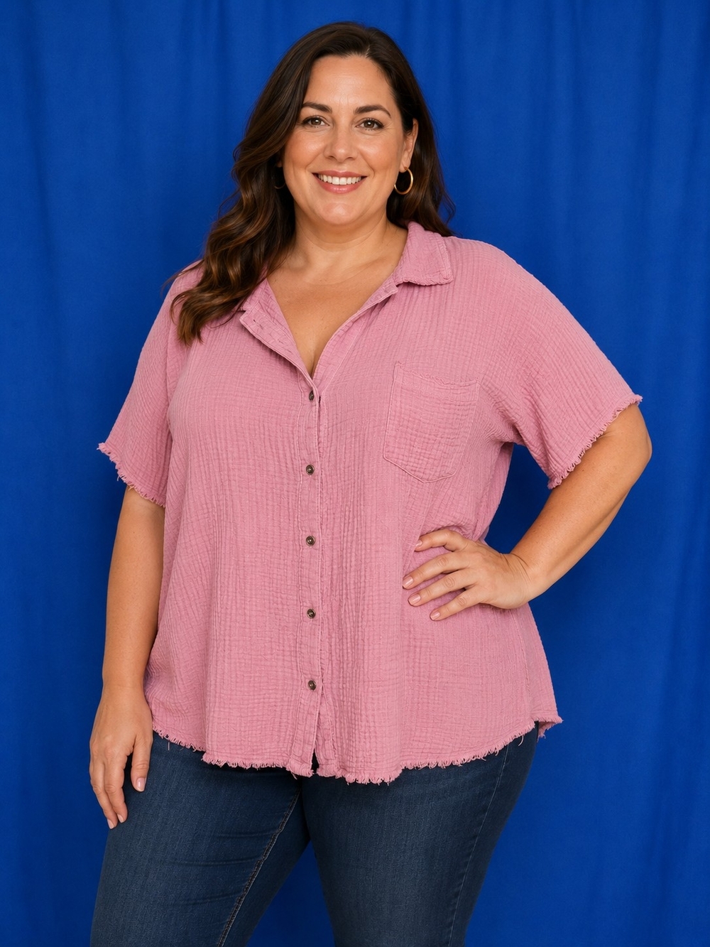 Zenana Pink Button-Front Gauze Shirt - Women's Relaxed Fit Size 3X